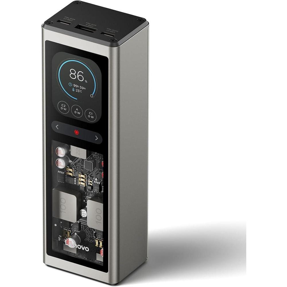 Banco de energía portátil Lenovo con 20,000 mAh, 3 puertos USB-C, cargador híbrido digital y pantalla TFT para viajes