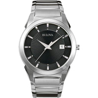 Reloj Bulova de cuarzo para hombre con esfera negra estampada y pulsera plateada de acero inoxidable