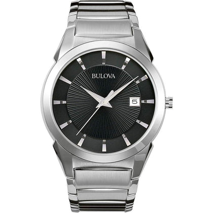 Reloj Bulova de cuarzo para hombre con esfera negra estampada y pulsera plateada de acero inoxidable