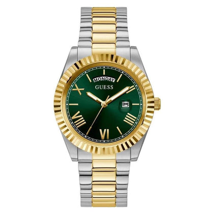 GUESS Reloj para hombre con correa de dos tonos, esfera verde, caja de acero inoxidable, diseño elegante y resistente al agua
