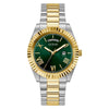 GUESS Reloj para hombre con correa de dos tonos, esfera verde, caja de acero inoxidable, diseño elegante y resistente al agua