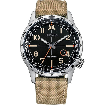 Citizen Reloj Eco-Drive Weekender Avion Field para hombre en acero inoxidable con correa de nailon caqui, esfera negra