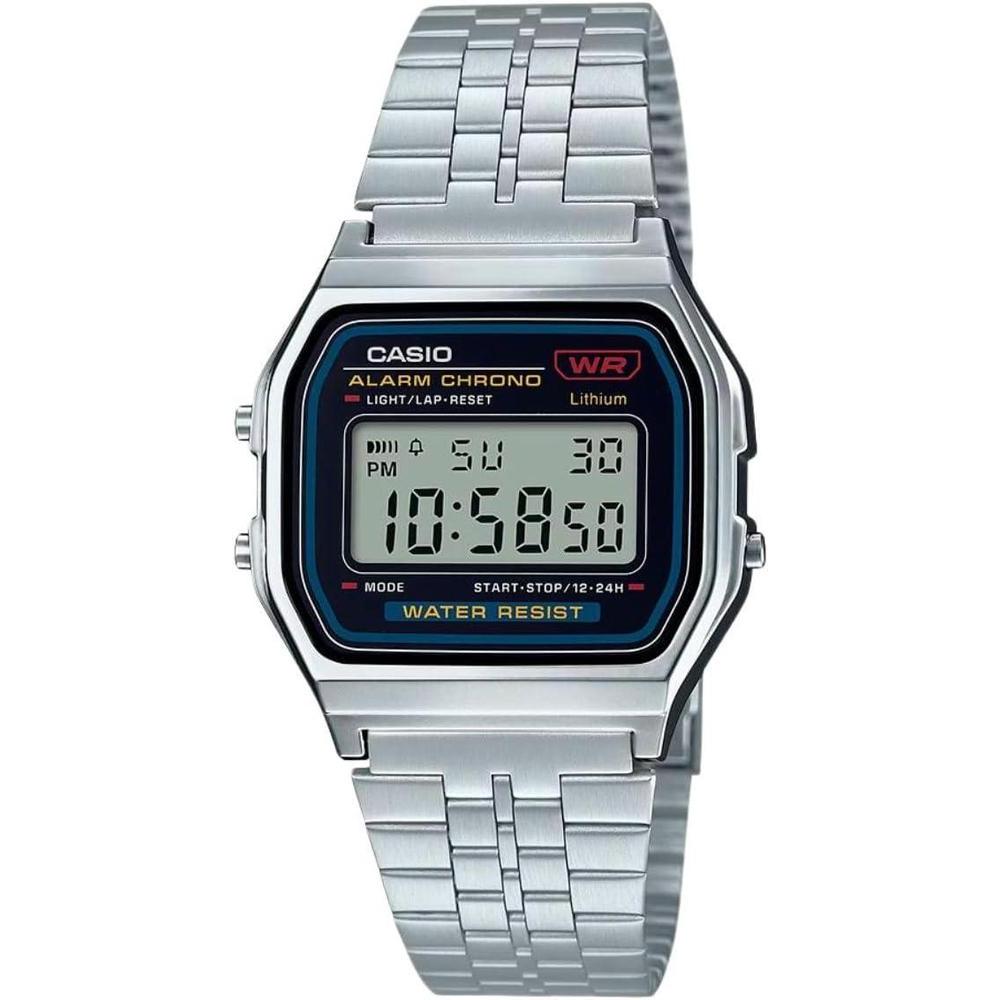 Reloj digital clásico Casio A159W-N1DF con brazalete metálico y cierre plegable, ideal para el uso diario, diseño atemporal
