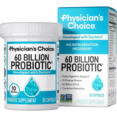 Probióticos Physician's CHOICE, 60 mil millones UFC, 10 cepas y prebióticos orgánicos para salud digestiva, intestinal e inmunológica