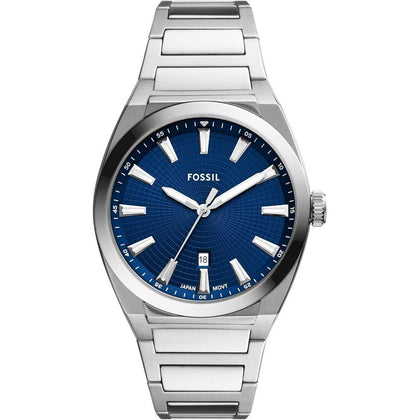 Fossil Everett - Reloj para hombre con correa de acero inoxidable o cuero, resistente al agua y esfera texturizada azul