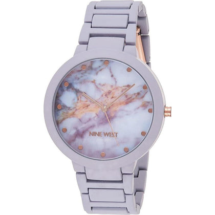 Nine West Reloj de Pulsera Analógico para Mujer, Diseño en Oro Rosa y Banda de Goma Lavanda