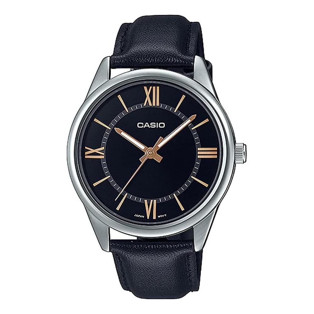 Casio MTP-V005L-1B5 Reloj analógico con correa de cuero negro y numeración romana, movimiento cuarzo
