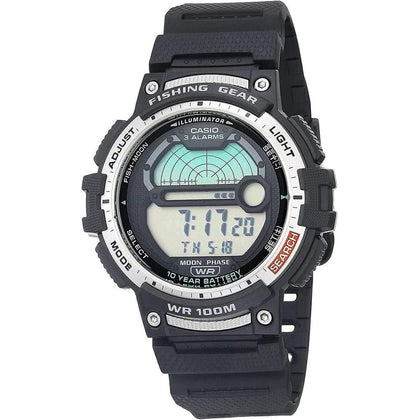 Reloj Casio para pesca con temporizador, luz LED, resistente al agua y datos de luna. Ideal para actividades acuáticas