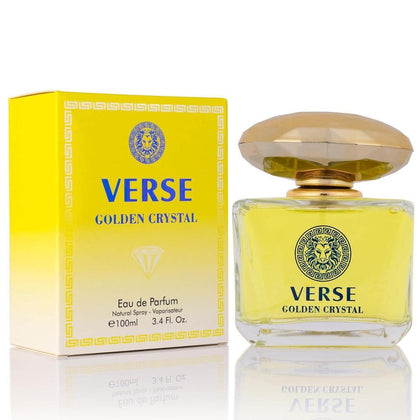 Verse Golden Crystal para mujer, fragancia floral afrutada, cítricos en notas superiores, base de madera y almizcle