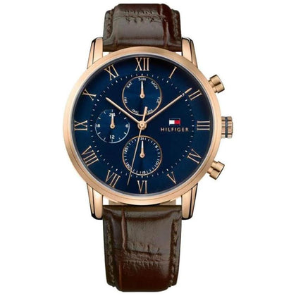 Tommy Hilfiger 1791399, reloj deportivo analógico con movimiento de cuarzo, esfera azul y correa marrón para hombre