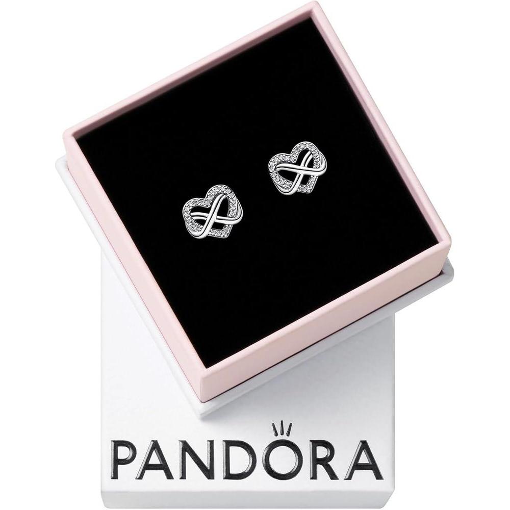 Aretes de tuerca Pandora corazón infinito brillante, plata de ley con circonita cúbica para mujer con caja de regalo