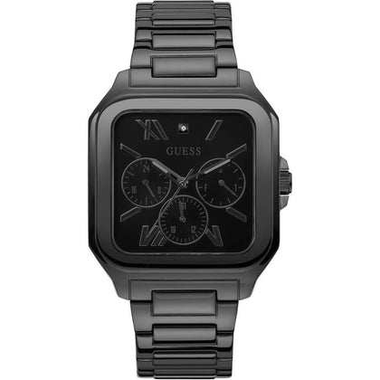 Reloj GUESS para hombre, diseño cuadrado de 42 mm, con temporizador, esfera negra y pulsera de acero inoxidable