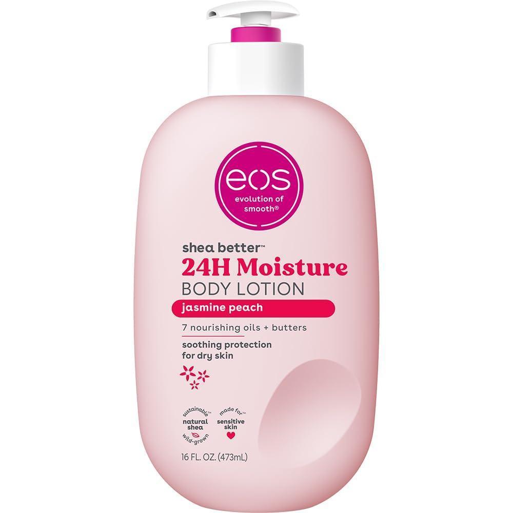 eos Shea Better Loción corporal Jasmine Peach, cuidado de la piel 24 horas, ligera, vegana y con karité natural