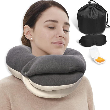 Almohada de cuello de viaje BUYUE con soporte 360° y kit. Incluye máscara de ojos 3D y tapones para los oídos