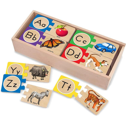 Melissa & Doug Rompecabezas de madera autocorrectivo del alfabeto con caja de almacenamiento, 52 piezas educativas