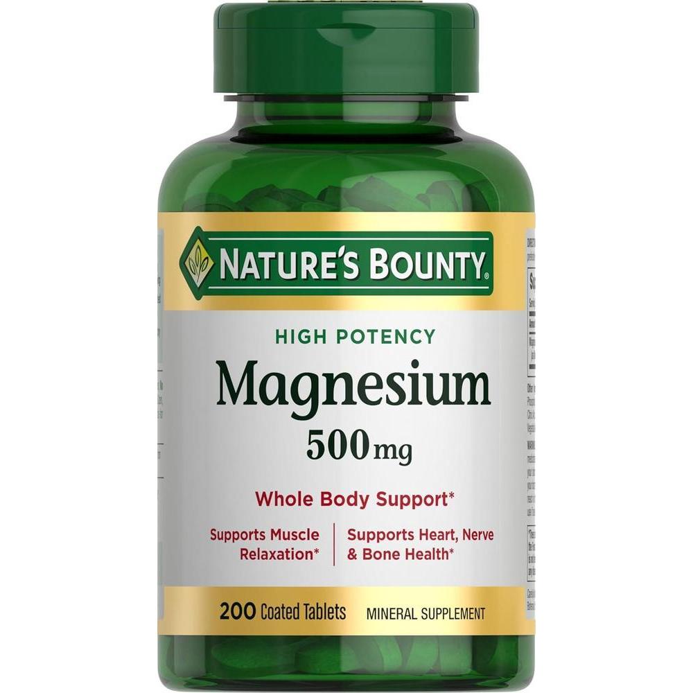 Nature's Bounty Tabletas de Magnesio 500 mg, Suplemento de Alta Potencia para Salud Ósea y Muscular, 200 Unidades