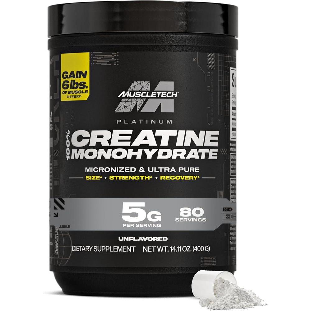 MuscleTech Platinum Monohidrato de Creatina en Polvo Micronizado para Recuperación y Masa Muscular, Sin Sabor, 80 Dosis