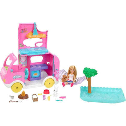Barbie Camper Chelsea Playset 2-en-1 con Muñeca Pequeña, 2 Mascotas y 15 Accesorios - Exclusivo de Amazon