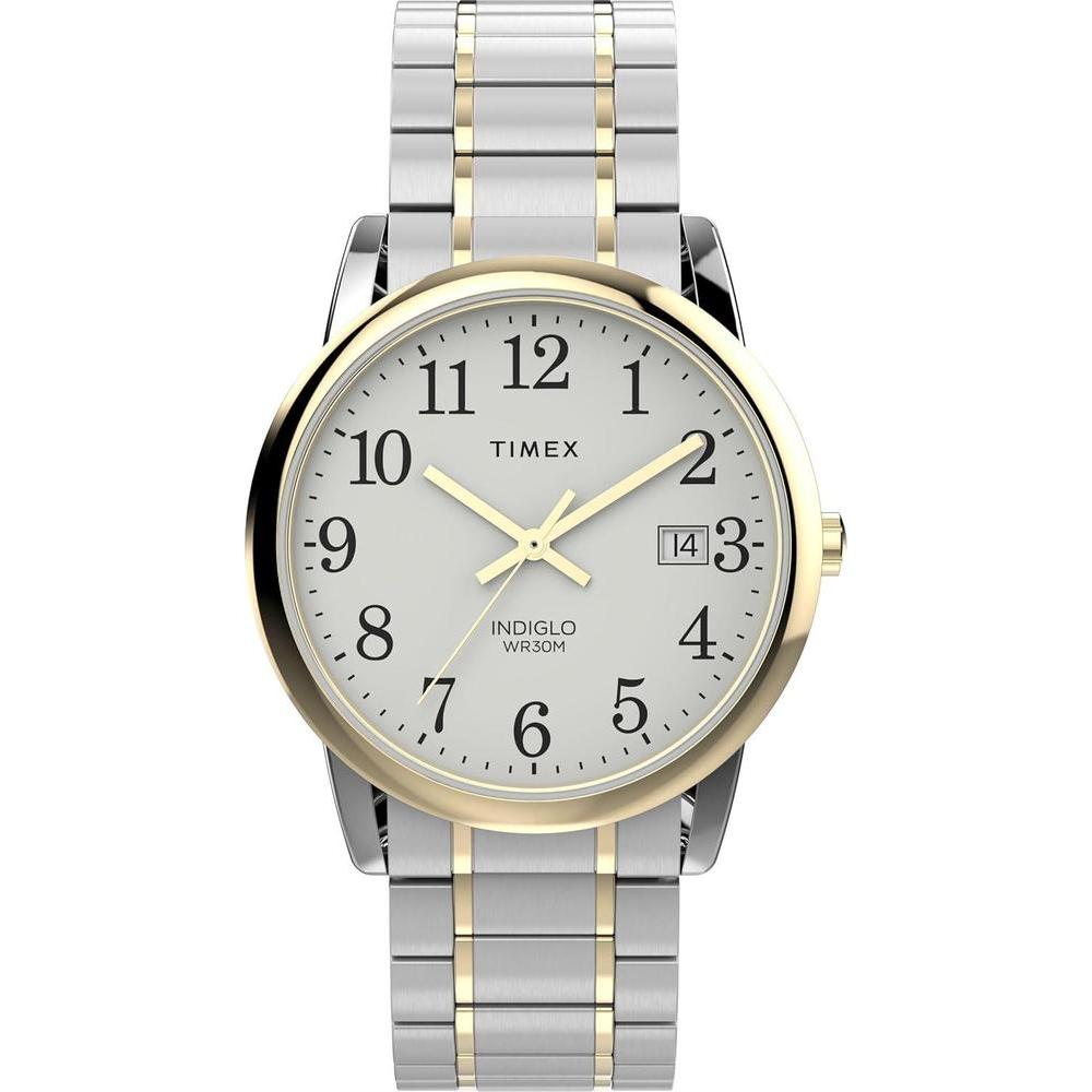 Timex Easy Reader con caja de dos tonos, banda de expansión multicolor, esfera blanca, y resistente al agua