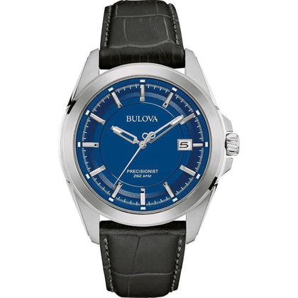 Bulova reloj de cuarzo de acero inoxidable y piel negra, diseño elegante con caja azul y funciones de calendario