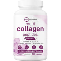 Píldoras de colágeno múltiple con biotina, ácido hialurónico y complejo de vitamina C. Sin OMG ni rellenos. 240 cápsulas