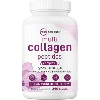 Píldoras de colágeno múltiple con biotina, ácido hialurónico y complejo de vitamina C. Sin OMG ni rellenos. 240 cápsulas
