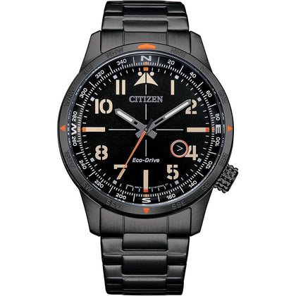 Citizen Reloj Eco-Drive Weekender Avion Field para hombre, acero inoxidable IP negro, esfera negra (Modelo: BM7555-59E)