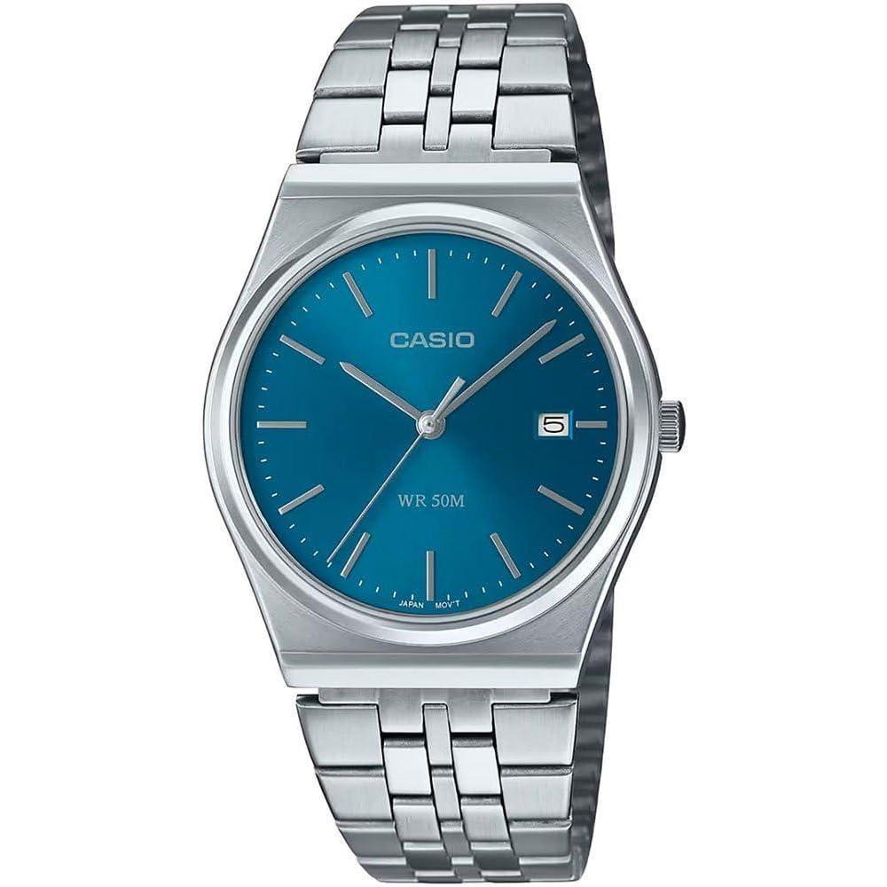 Casio Reloj analógico de 3 manecillas con diseño vintage para hombre, acero inoxidable, plateado y casual