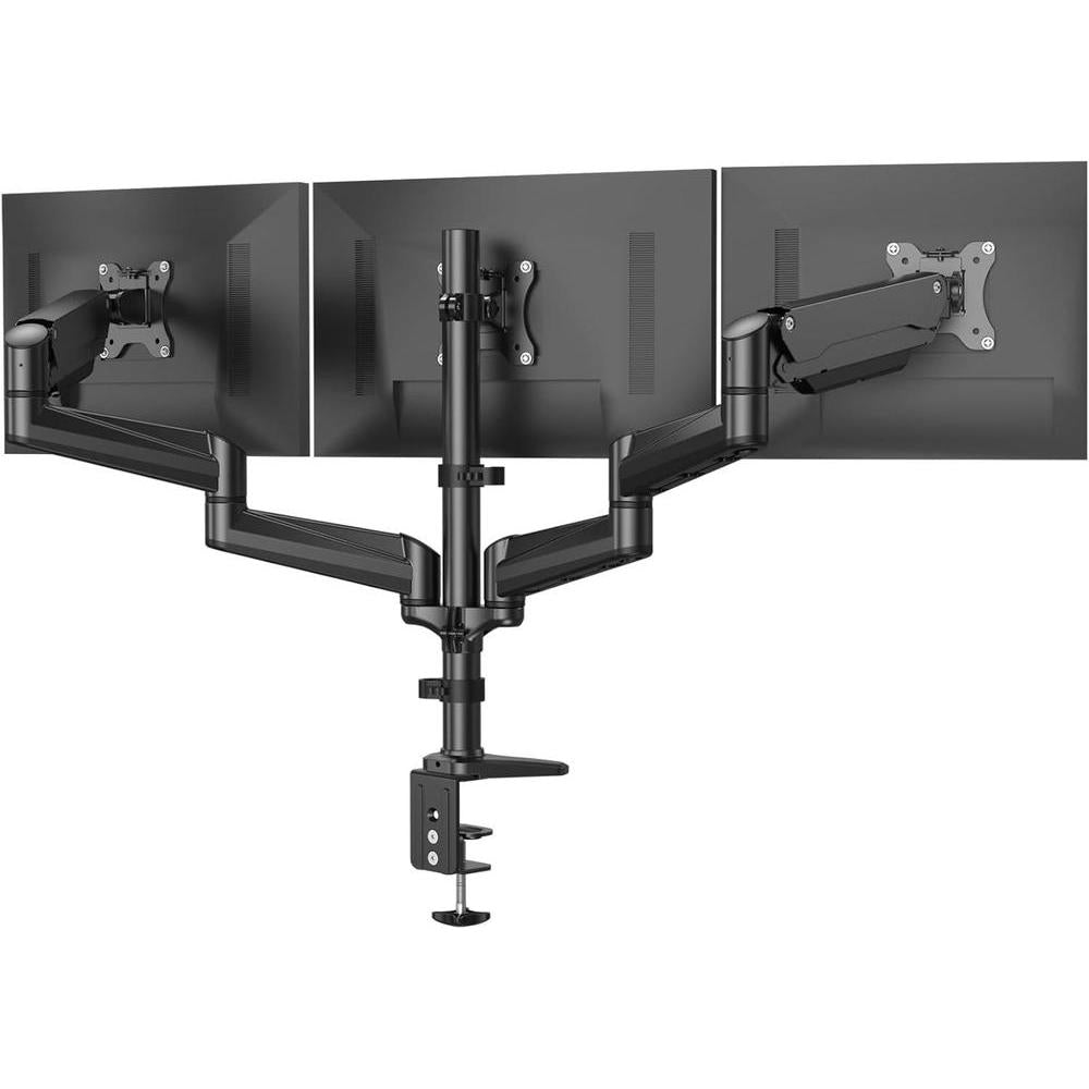 Soporte triple HUANUO para monitores de hasta 32 pulgadas, ajuste en inclinación, giro y diferentes opciones de montaje