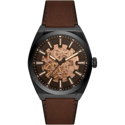 Reloj de Pulsera Automático Fossil Everett en Acero Inoxidable con Correa de Cuero, Esfera Negra y Resistente al Agua