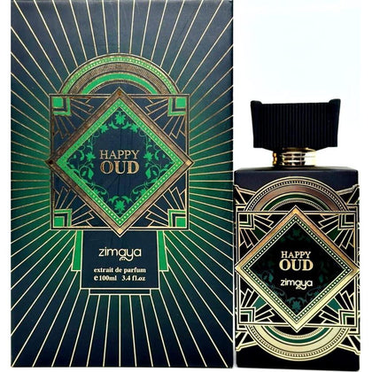 AFNAN Zimaya Happy Oud Eau de Parfum unisex con notas de lavanda, menta, sándalo y ámbar, presenta 100 ml de fragancia intensa.