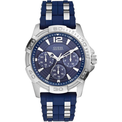 Reloj analógico GUESS azul de silicona, caja de acero inoxidable, resistente al agua y multiesfera con calendario