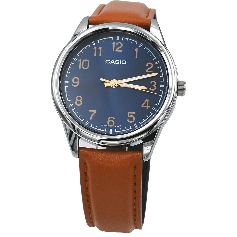 Reloj Casio para hombre analógico con esfera azul y banda de cuero marrón, movimiento de cuarzo japonés, resistente al agua