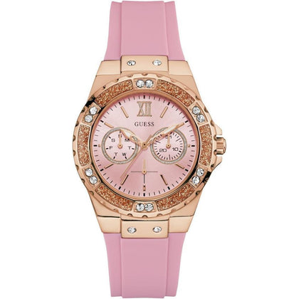 Reloj GUESS de silicona rosa para mujer, resistente al agua, acero inoxidable, cronógrafo y función día-fecha