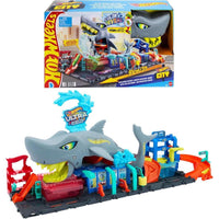 Set de pista Hot Wheels City con lavado de autos Shark Ultra, vehículo a escala 1:64 color cambiante y almacenamiento