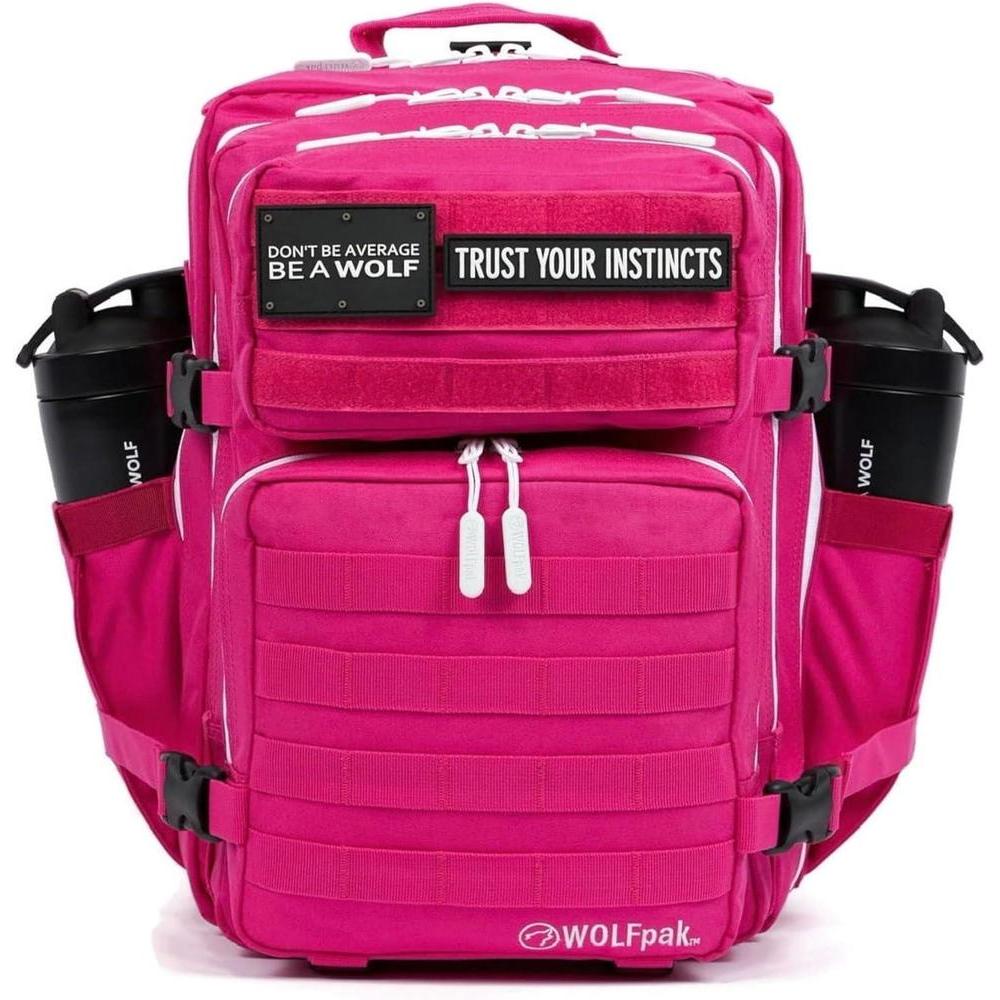 Mochila Táctica WOLFpak Diosa rosa con detalles negros, resistente al agua, ideal para actividades al aire libre y defensa personal