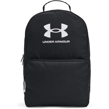 Mochila Under Armour Loudon, color Negro y Blanco, diseño casual con tecnología UA Storm, funda para laptop y varios compartimentos.