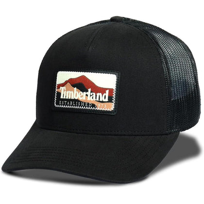 Gorra de hombre Timberland diseño camionero con parche montaña, ajuste de broche y banda anti-humedad