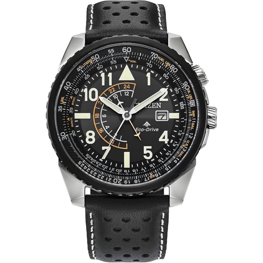 Citizen Reloj Eco-Drive Promaster Nighthawk para hombre, correa de cuero negro, esfera negra, hora dual, resistente al agua