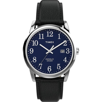 Reloj Timex Easy Reader para hombre con correa de cuero negro, esfera azul y luz Indiglo resistente al agua