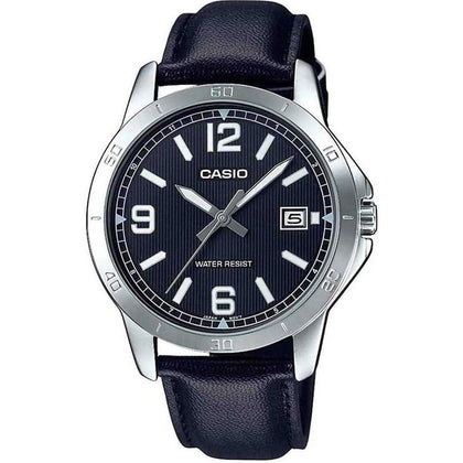 Casio MTP-V004L-1B Reloj de acero inoxidable y correa de cuero negro con esfera negra y función de fecha