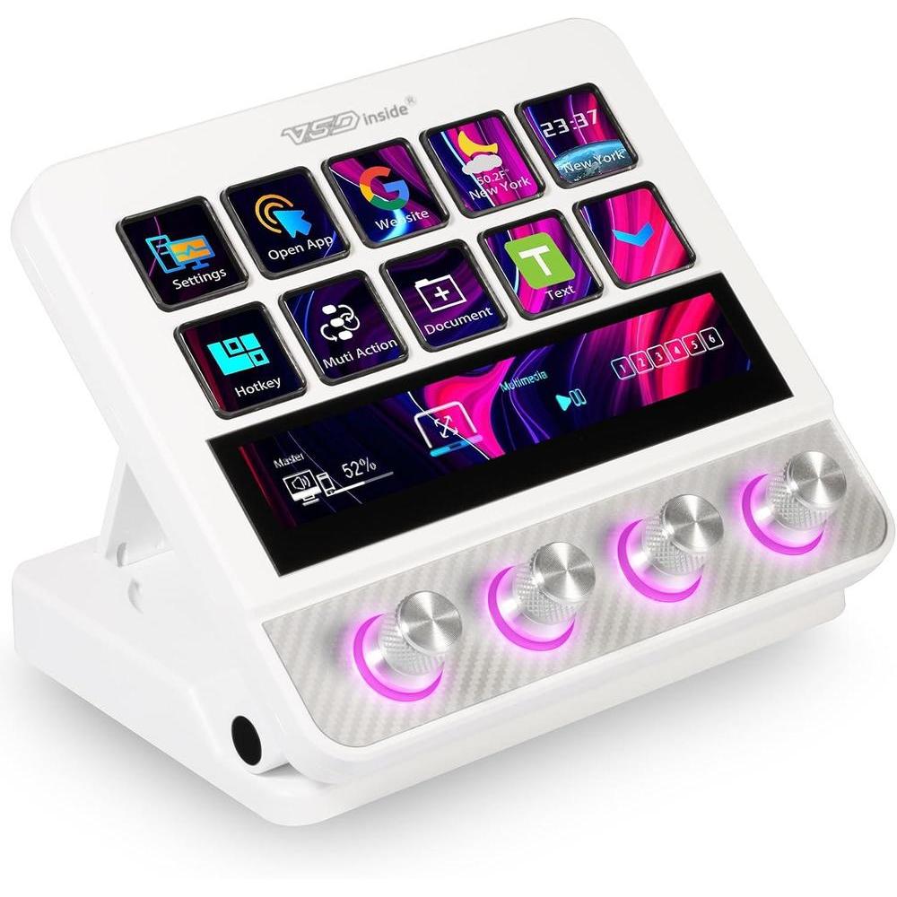 Controlador de streaming VSDINSIDE con teclas programables, macros, efectos sonoros y soporte ergonómico, compatible con Mac y PC
