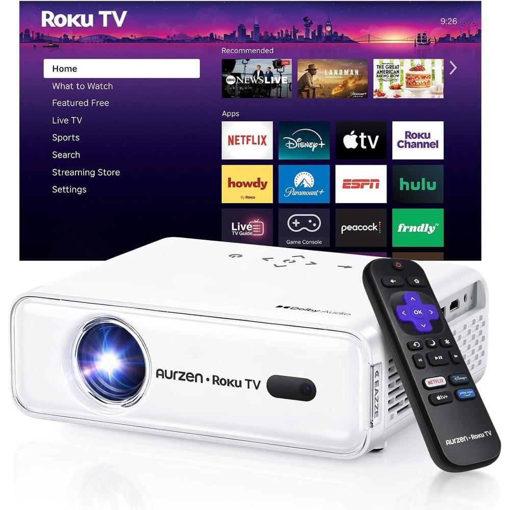 Proyector inteligente Aurzen Roku TV con WiFi y Bluetooth, experiencia de streaming Roku, 1080P FHD, audio Dolby, enfoque automático
