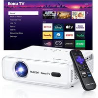 Proyector inteligente Aurzen Roku TV con WiFi y Bluetooth, experiencia de streaming Roku, 1080P FHD, audio Dolby, enfoque automático