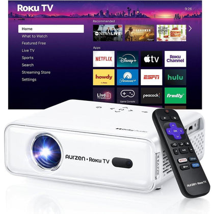 Proyector inteligente Aurzen Roku TV con WiFi y Bluetooth, experiencia de streaming Roku, 1080P FHD, audio Dolby, enfoque automático