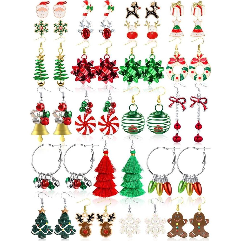Conjunto de 23 aretes navideños para mujer: árboles, copos, campanas, diseño llamativo, perfecto para regalos