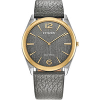 Citizen Reloj unisex Eco-Drive Classic Eco, acero inoxidable de dos tonos, correa de cuero gris, modelo AR3124-07H
