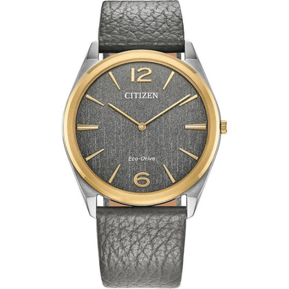 Citizen Reloj unisex Eco-Drive Classic Eco, acero inoxidable de dos tonos, correa de cuero gris, modelo AR3124-07H