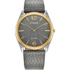 Citizen Reloj unisex Eco-Drive Classic Eco, acero inoxidable de dos tonos, correa de cuero gris, modelo AR3124-07H