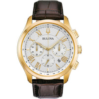 Bulova Reloj para hombre con correa de cuero marrón y cronógrafo clásico de acero inoxidable dorado